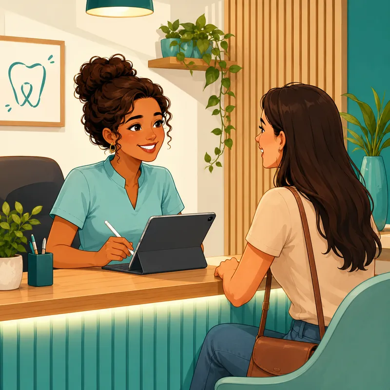 Ilustração de uma secretária no balcão de recepção com um tablet, atendendo uma paciente