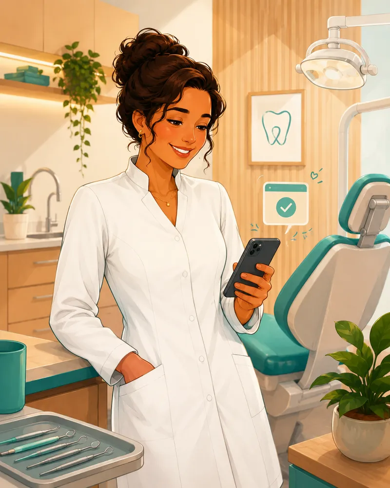 Ilustração de uma dentista olhando o celular no consultório, com a cadeira odontológica ao fundo