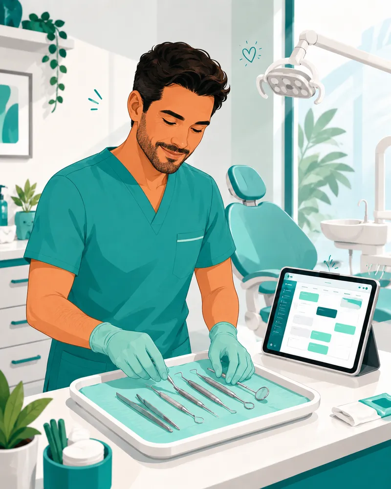 Ilustração de um dentista preparando a bandeja de instrumentos ao lado de um tablet com a agenda aberta