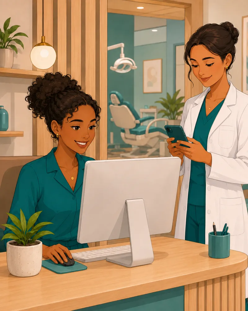 Ilustração de uma recepcionista no computador e uma dentista no celular, lado a lado na recepção