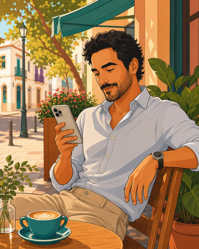 Ilustração de um dentista respondendo o celular numa mesa de café, fora da clínica