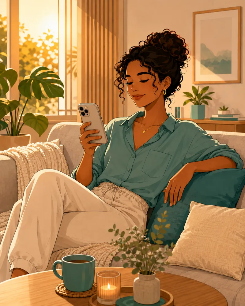Ilustração de uma dentista olhando o celular no sofá de casa, no fim do dia